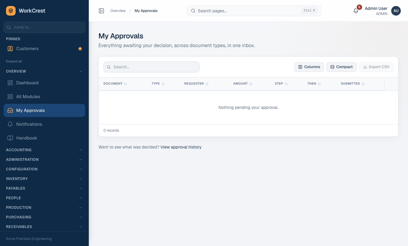 My Approvals: everything waiting for your decision, across all document types.