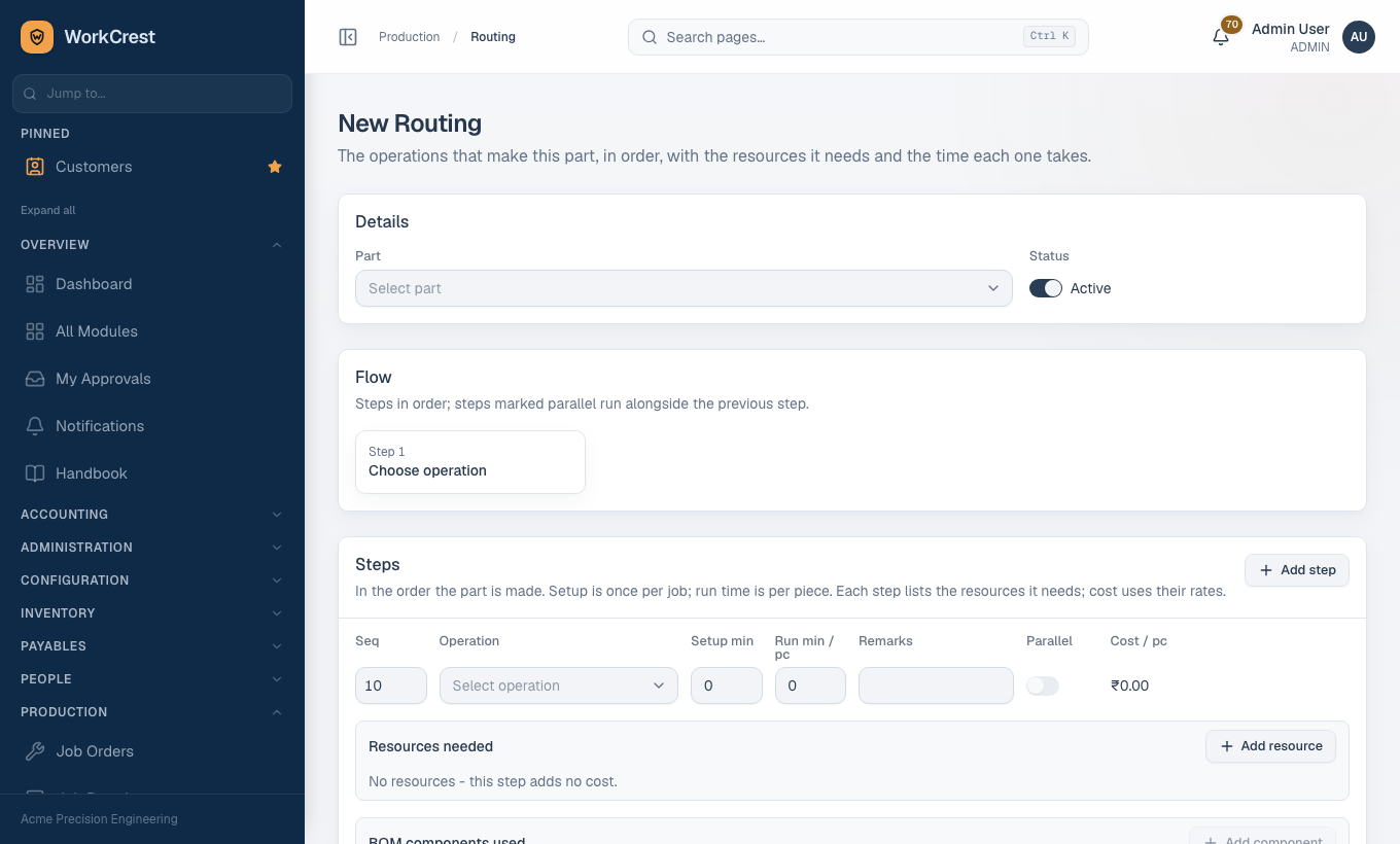 The New Routing page with Details, Flow and Steps cards and an empty first step