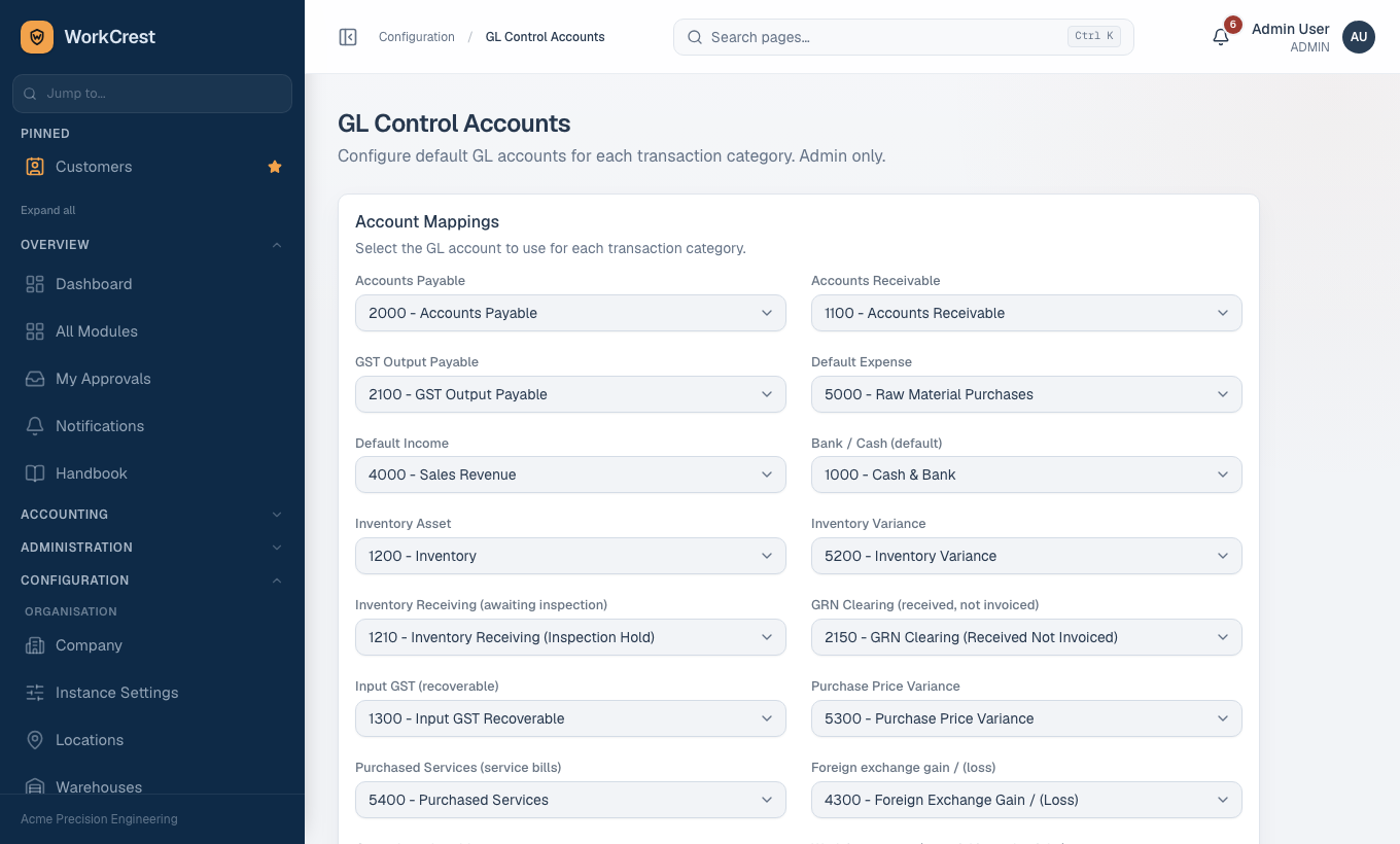 GL control accounts: bills, invoices and receipts won’t post without these.