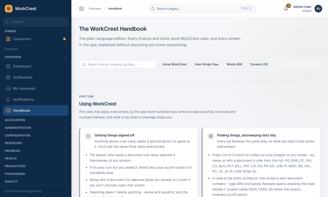 The in-app Handbook: search, then Using WorkCrest, How things flow, Words and Screens.