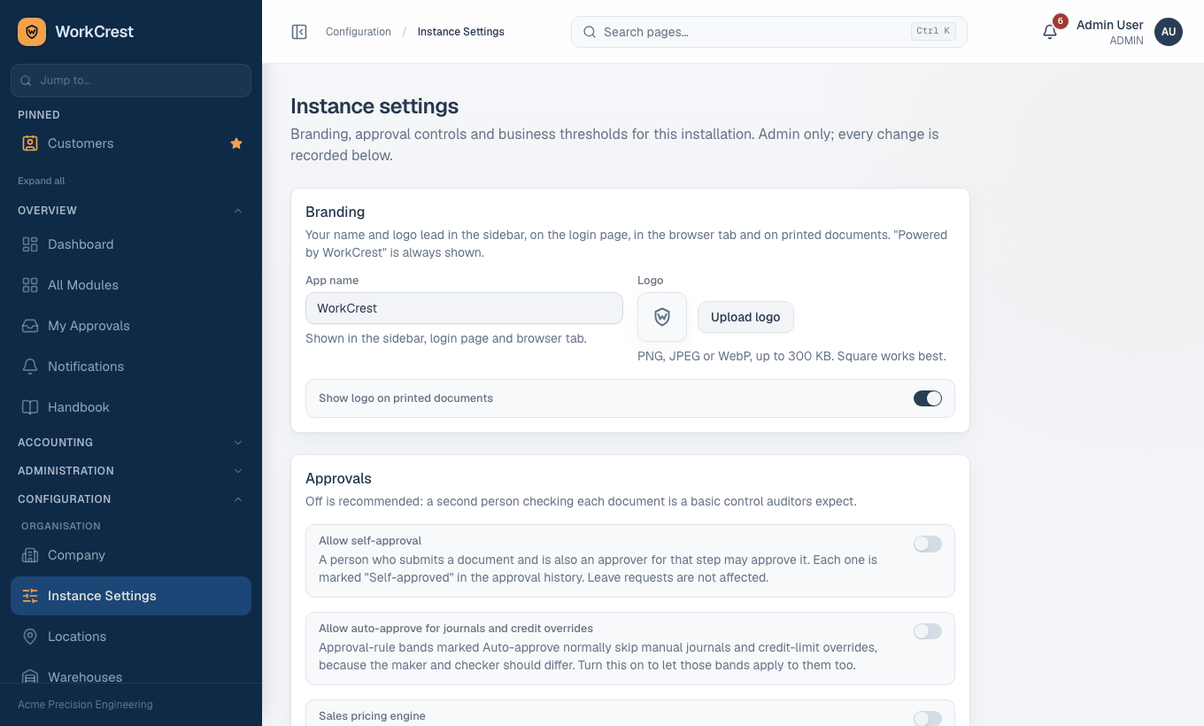 Instance settings: branding, self-approval, thresholds and sign-in security.
