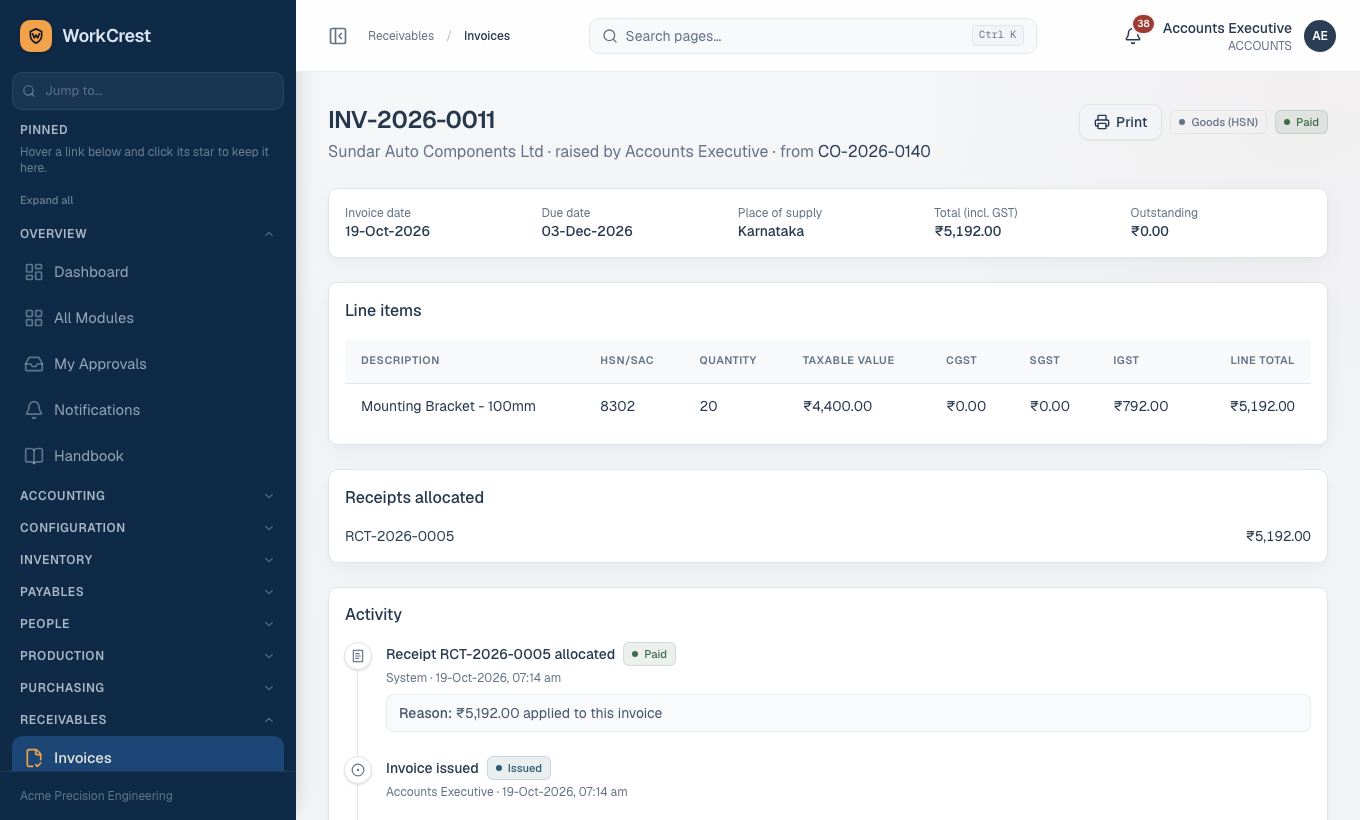 An invoice: GST split per line, receipts allocated, activity timeline and the Print button.