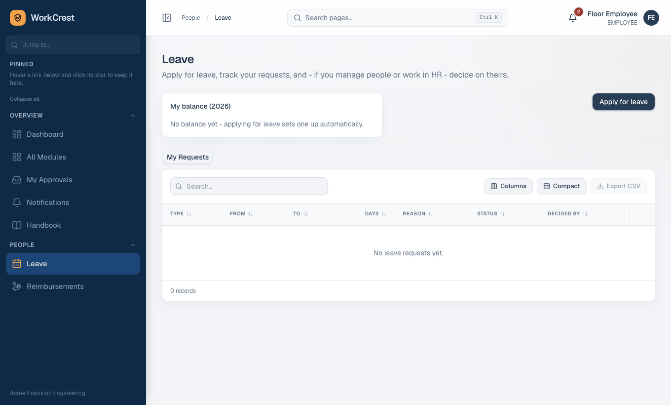 Leave: My Requests, Team Queue and (HR) All Requests.