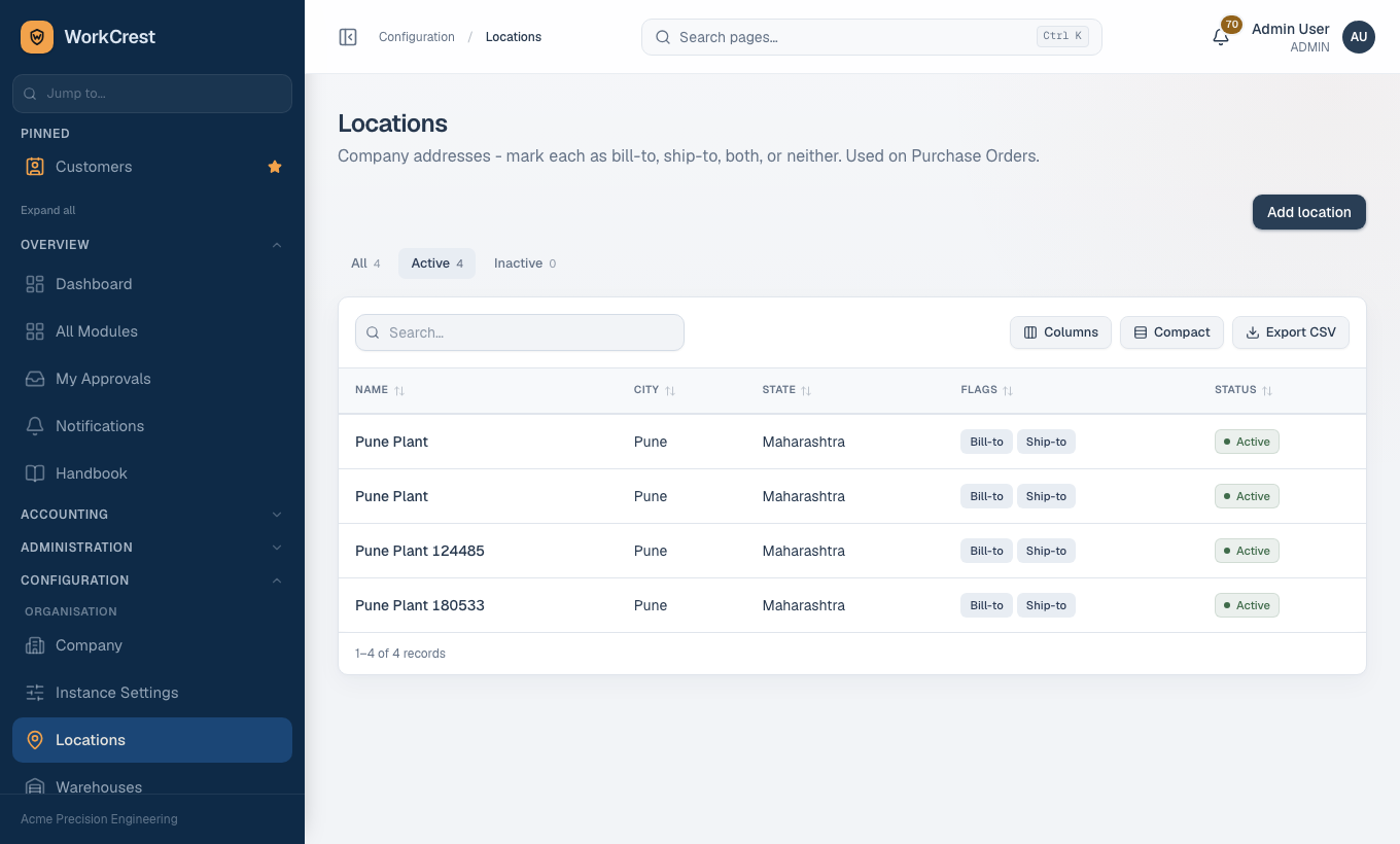 The Locations list with Bill-to and Ship-to badges