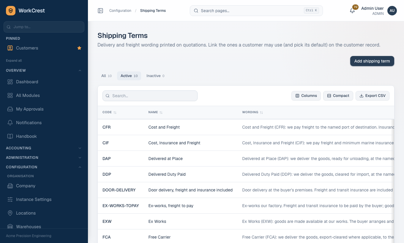 The Shipping Terms list