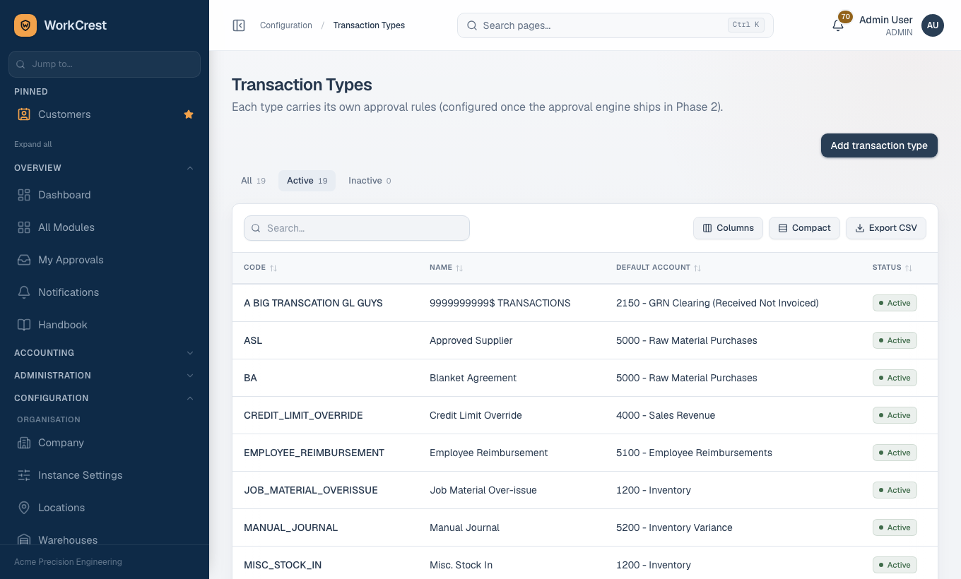 The Transaction Types list