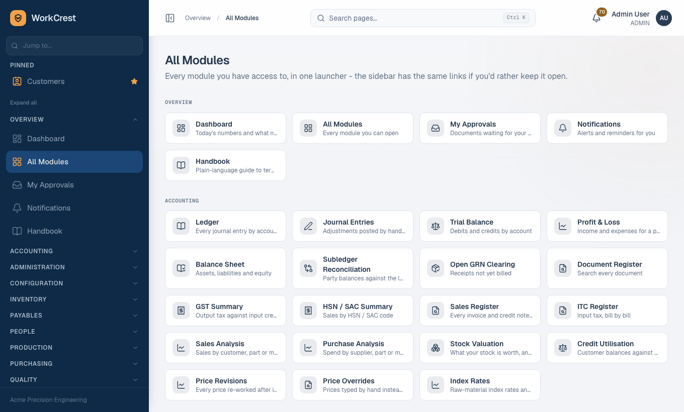 All Modules: every screen you can open, grouped by section.