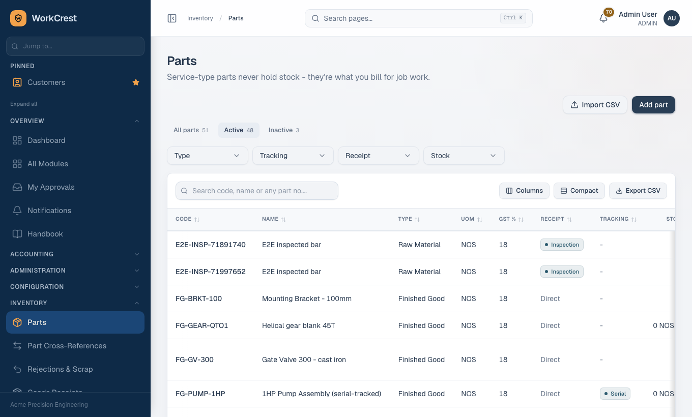 The Parts list with Active, Inactive tabs, filters for Type, Tracking, Receipt and Stock, a search box, Import CSV and Add part buttons