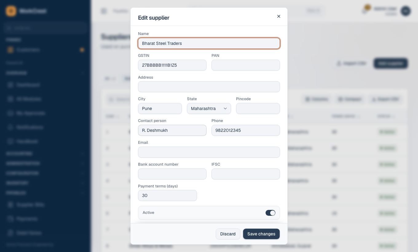 A supplier's ledger page showing orders, bills, payments and net position