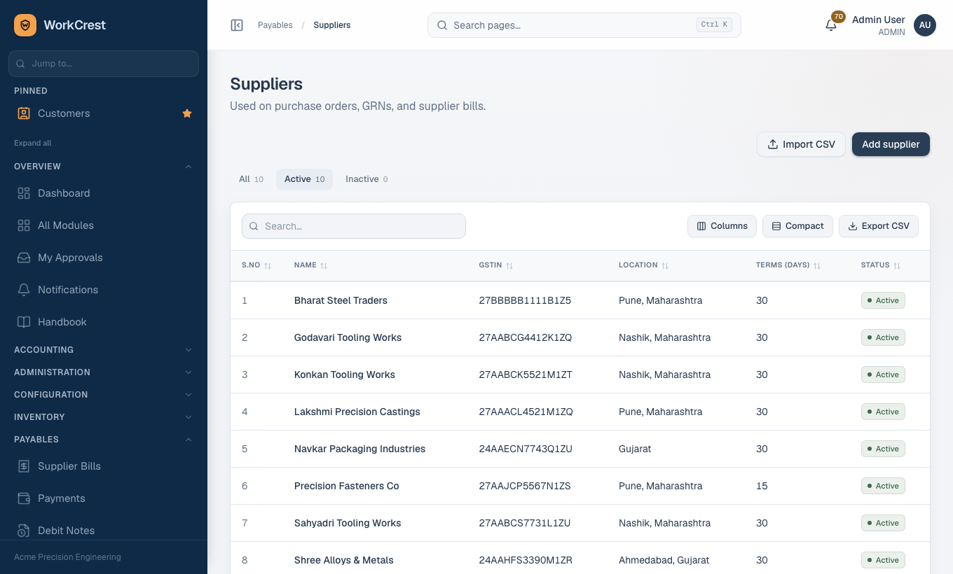 The Suppliers list