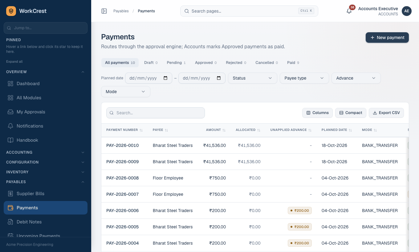 Payments, including the Unapplied advance badge.