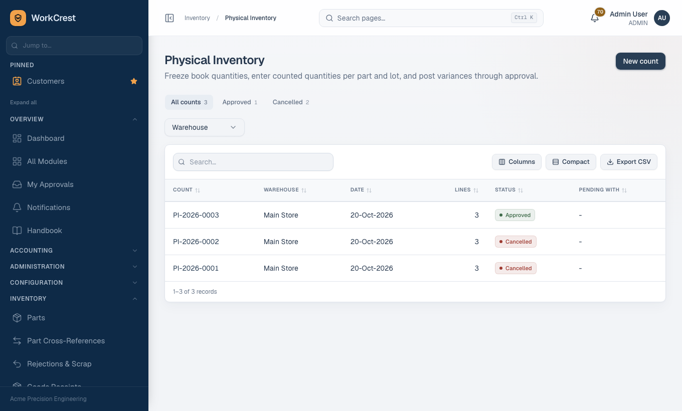 Physical Inventory list of stock counts with status and pending approver