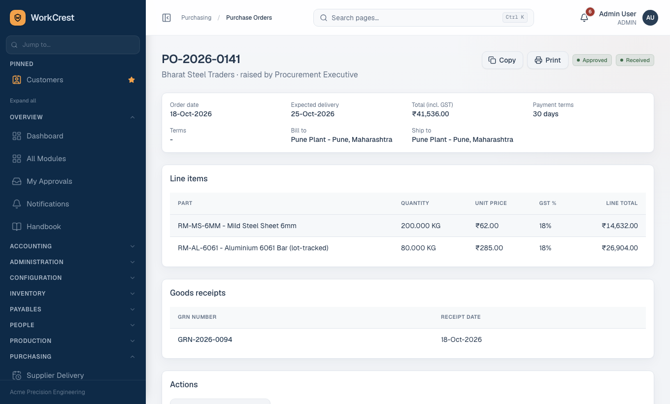 A purchase order: lines, approval timeline and actions.