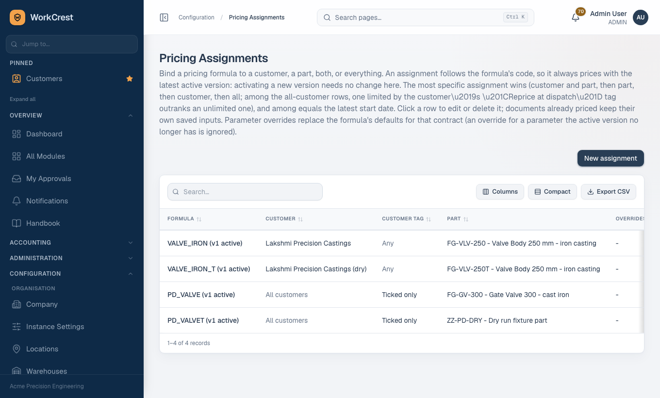 Pricing Assignments screen listing formula, customer, customer tag, part, overrides, validity and status.