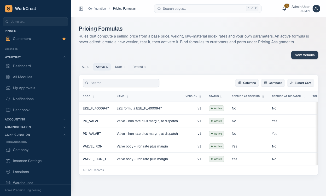 Pricing Formulas list with code, name, version, status and the reprice-at-confirm and reprice-at-dispatch columns.