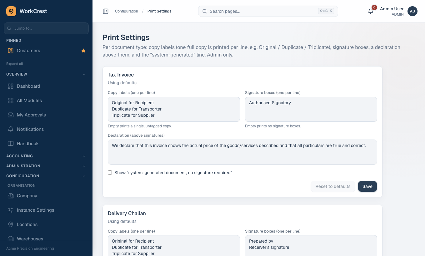 Print settings: copy labels, signatures and declarations per document.