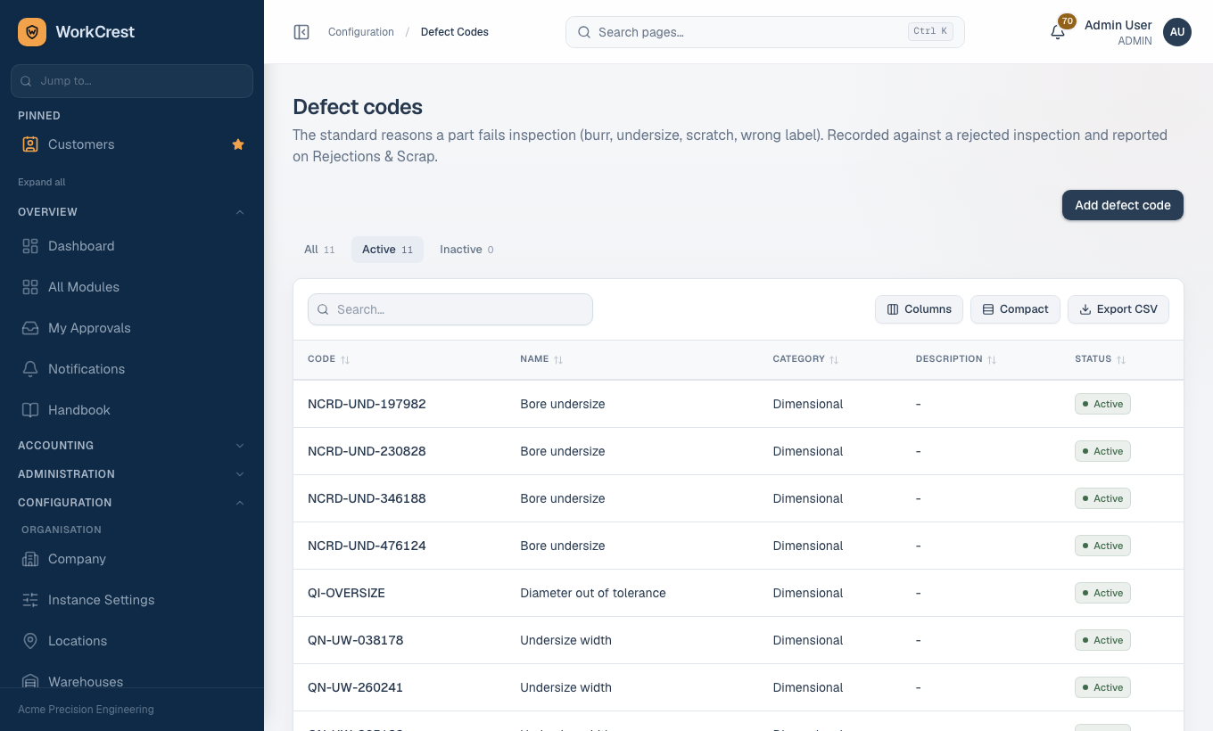 Defect Codes list with category and status