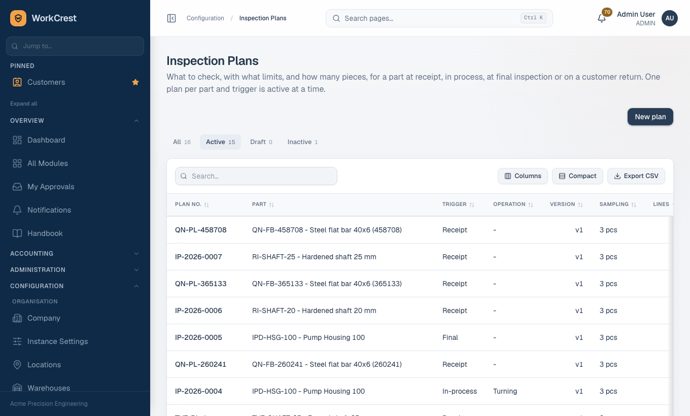 Inspection Plans list with plan number, trigger and status