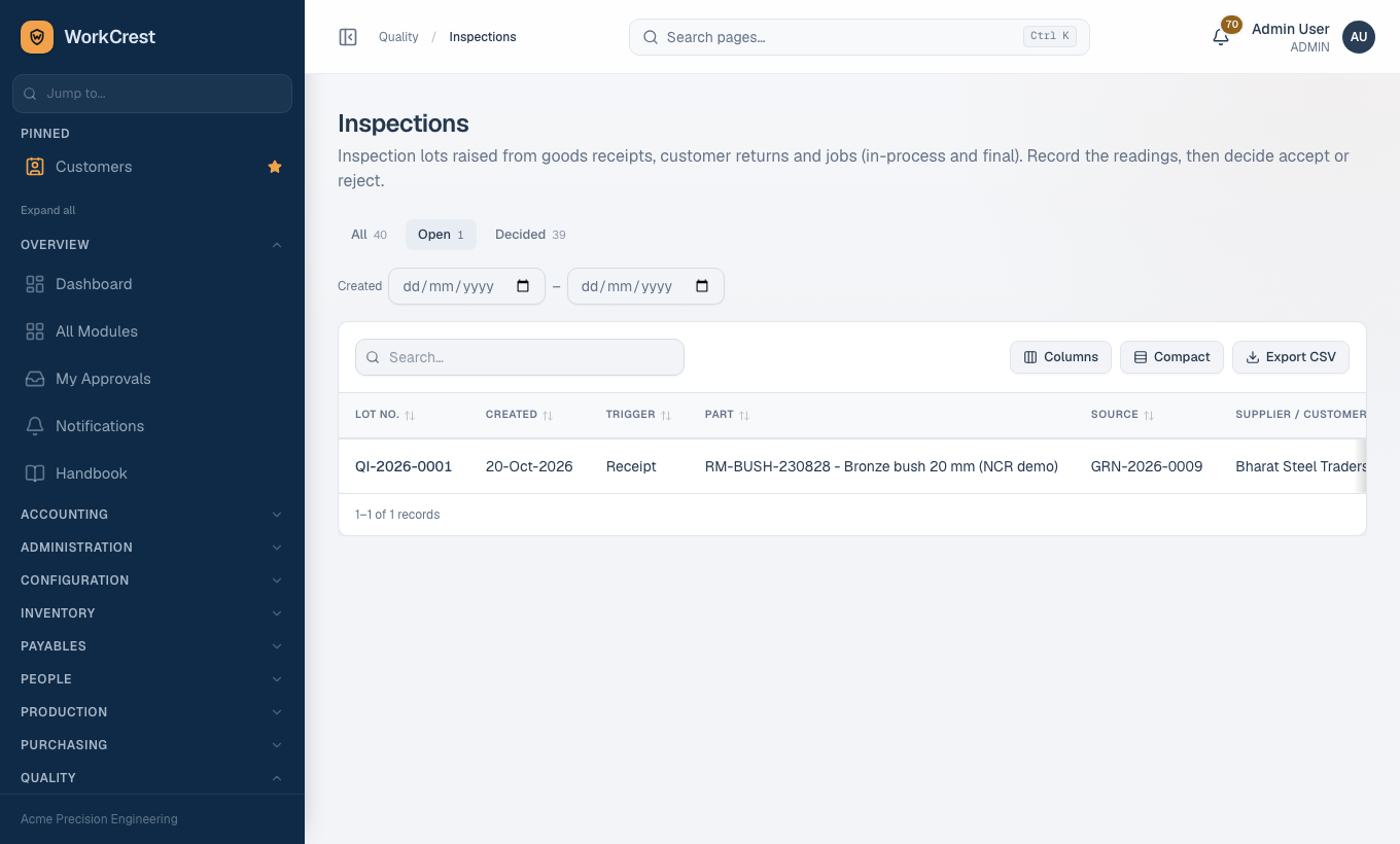 Inspections list, opened on the Open tab