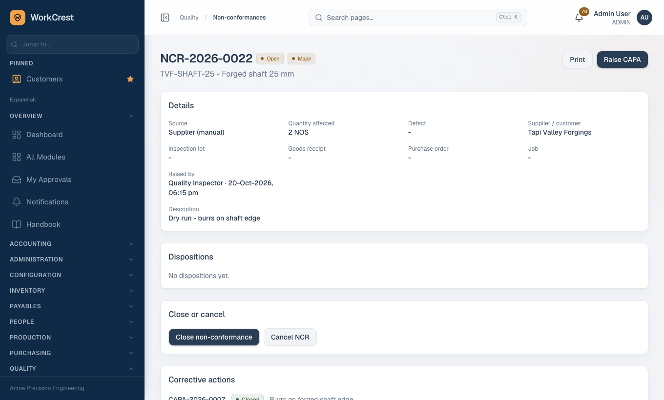An NCR page: details, dispositions, close or cancel, and Raise CAPA