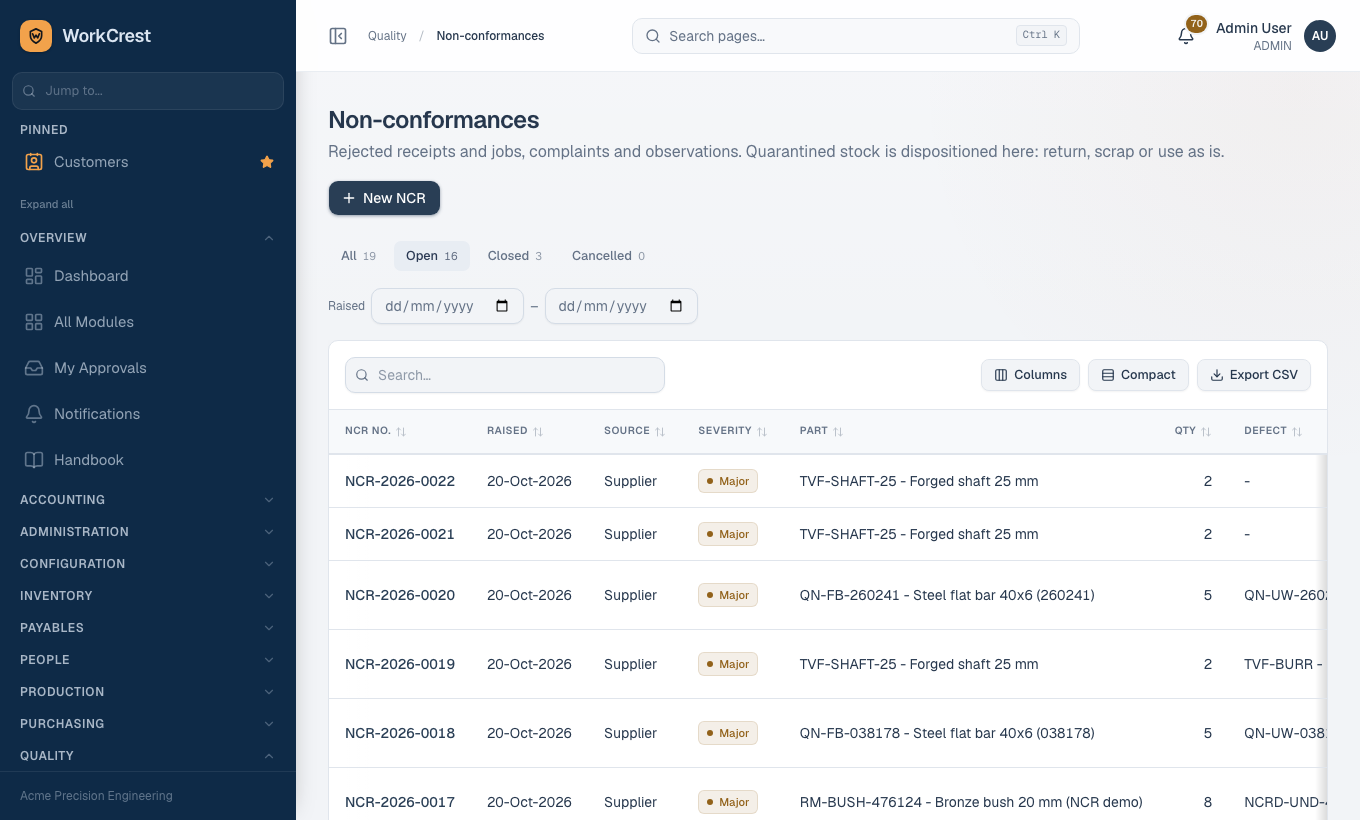 Non-conformances list, opened on the Open tab